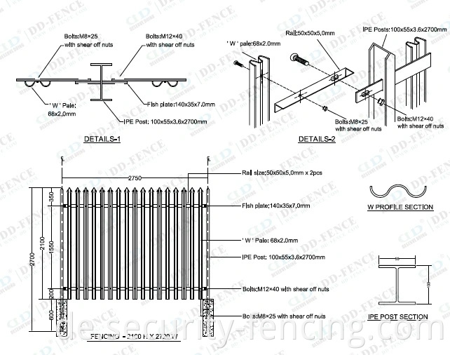 Großhandel hochwertiger pulverbeschichteter W & D -Abschnitt Stahlposten Palisade Sicherheitszaun